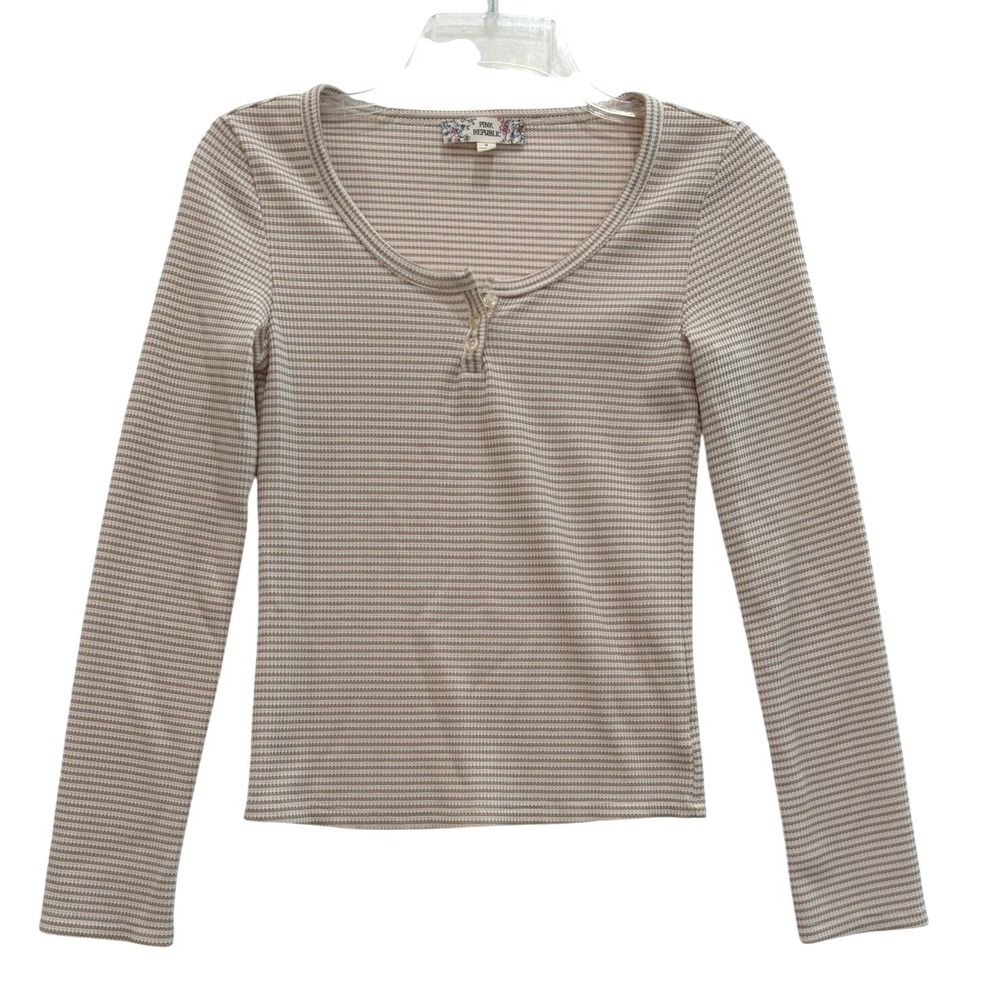 Pink Republic‎ Womens Striped Waffle Knit Henley Top Long Sleeve Tan White Small